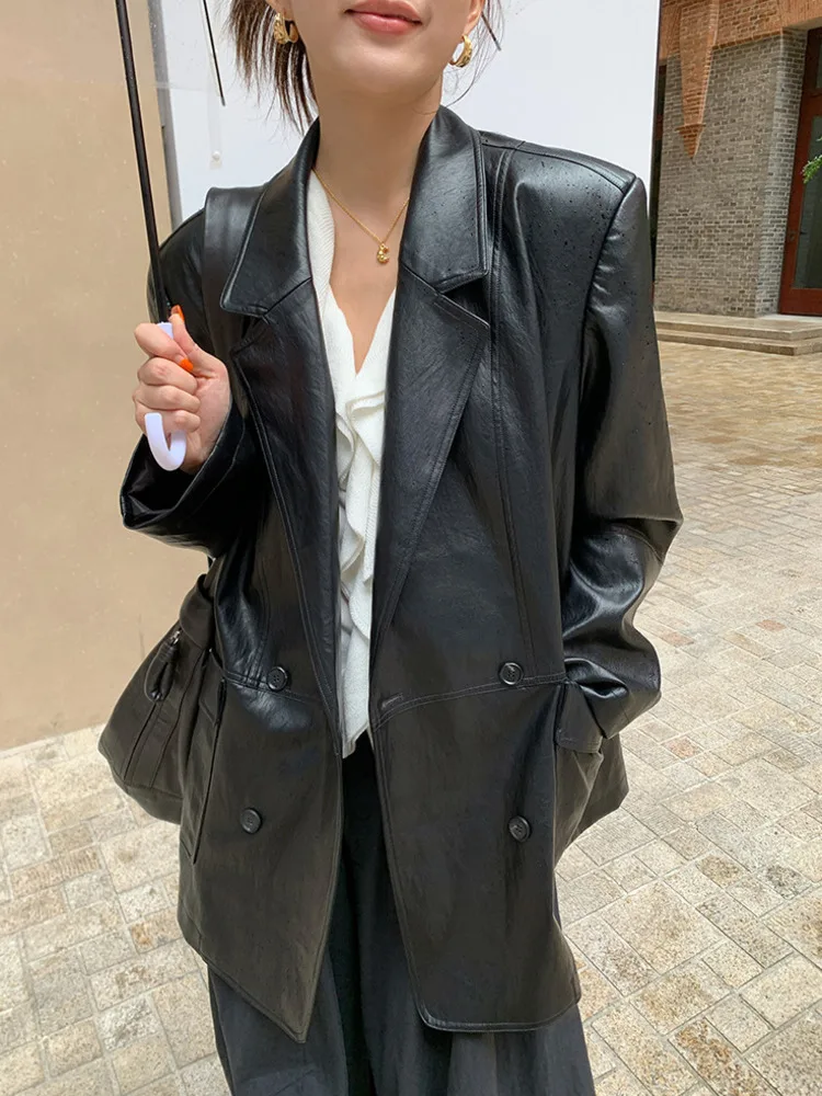 ZMEENNA Women's Vintage Faux Leather Blazer Jacket Brown Lapel Collar Outerwear Button Down Oversized Coat For Fall ZM3759