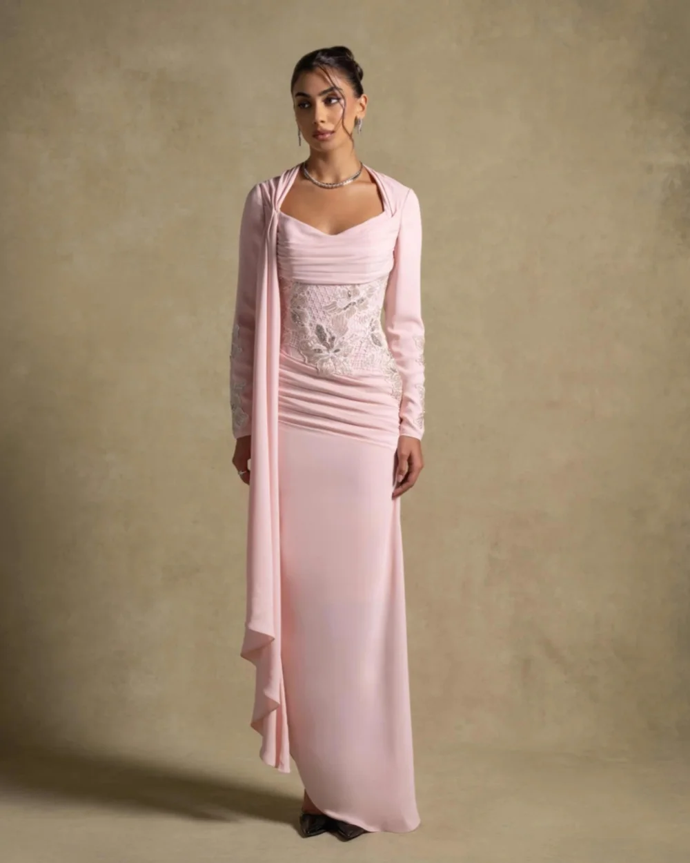 

Customized Classic Women Jersey Rhinestone Ruched Straight Evening Dresses Formal Square Neck Long Sleeves Handmade Flower Dress