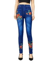 YRRETY Blue Floral Print Jeggings Faux Jeans Women Slim Fit Elegant Pencil Pants Plus Size Stretchy False Denim Legging Dropship