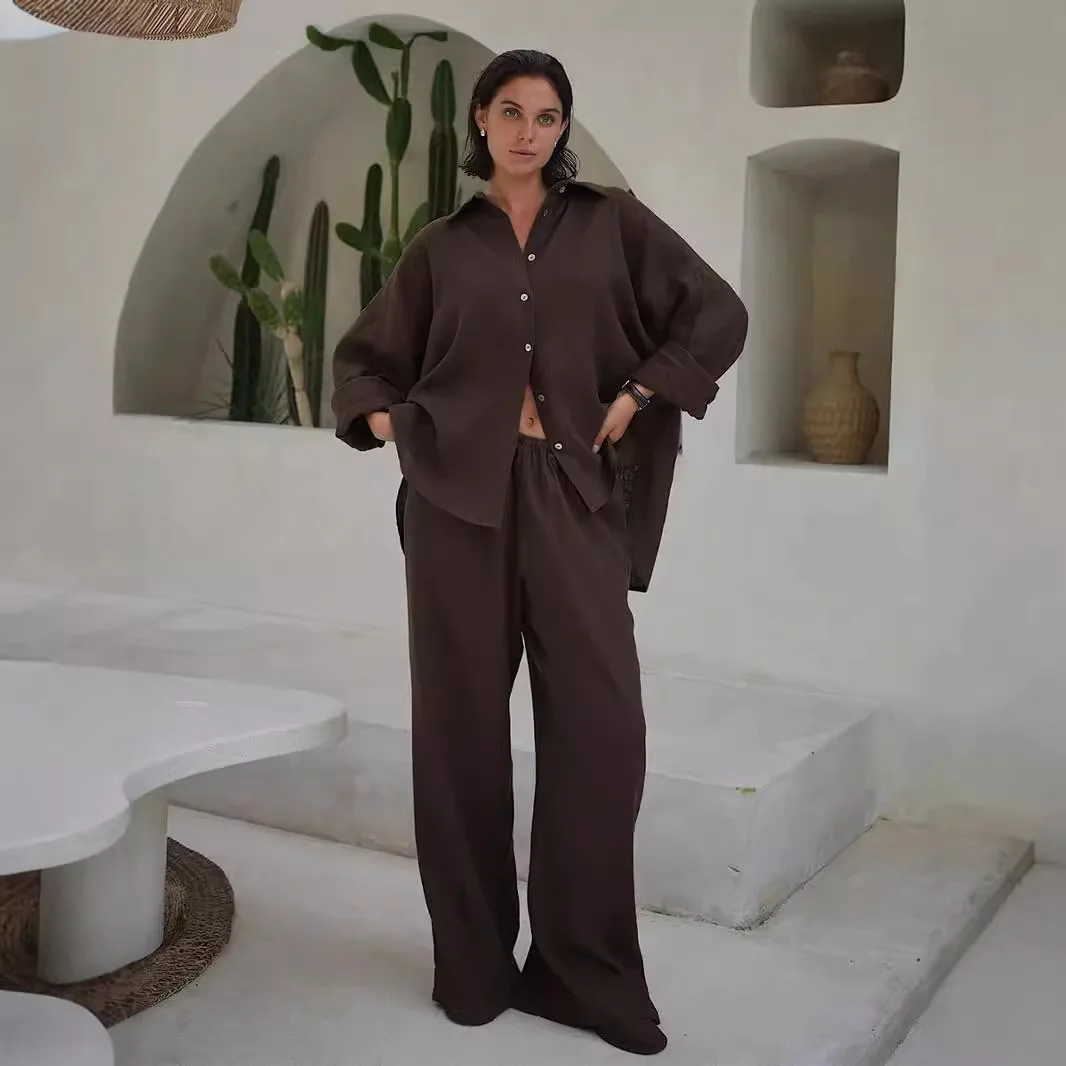 

Women's Casual Shirt Wide-leg Pants Suitable For Spring Loose Trousers Fashion Office Women's Long Sleeves 2-piece Set 2025
