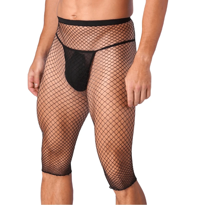 Men Fishnet See Through High Waist Shorts High Stretch Half Pants Underwear Male Sport Cycling Mid Mesh Short Tights