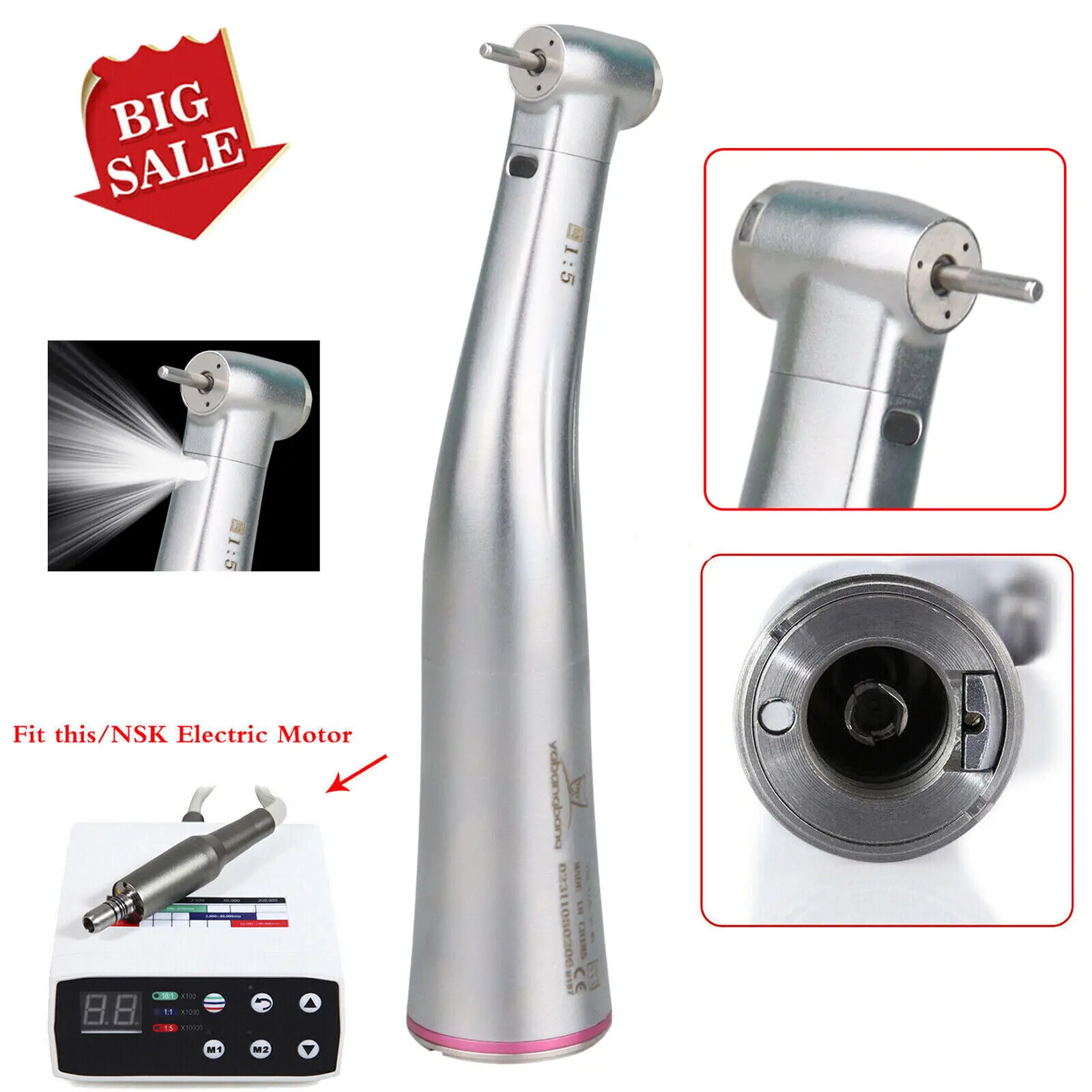 

Dental 1:5 Increasing Handpiece Contra Angle Fiber Optic LED Fit For KAVO NSK Electric Motor