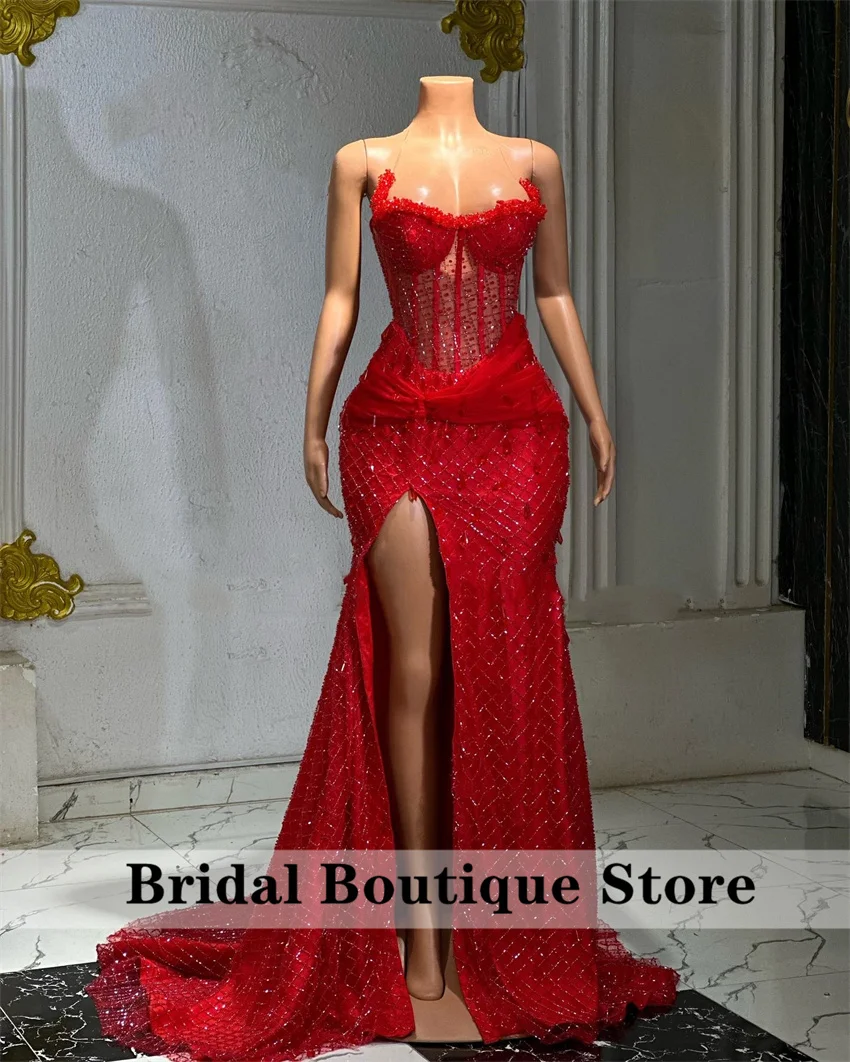 

Glamorous Red Mermaid Formal Prom Dresses 2025 Split Evening Party Gowns Beadings Wedding Reception Party Dress Customized