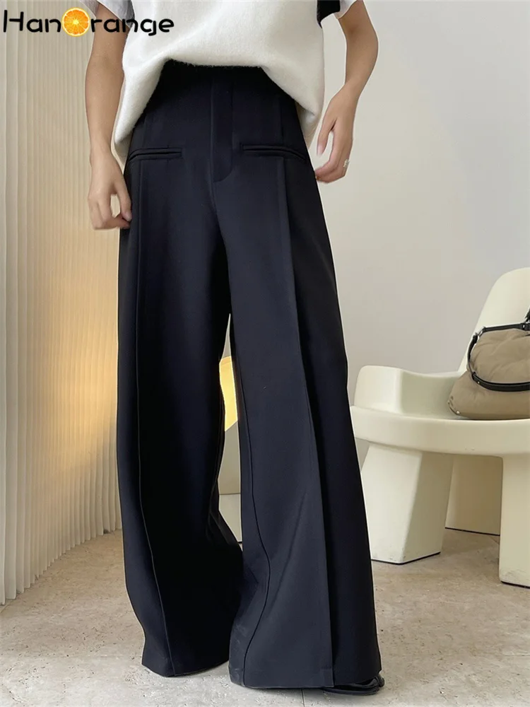 

HanOrange 2024 Autumn Winter Fashion High Waisted Wide Leg Pants Women Loose A-line Trousers Black/Olive Green