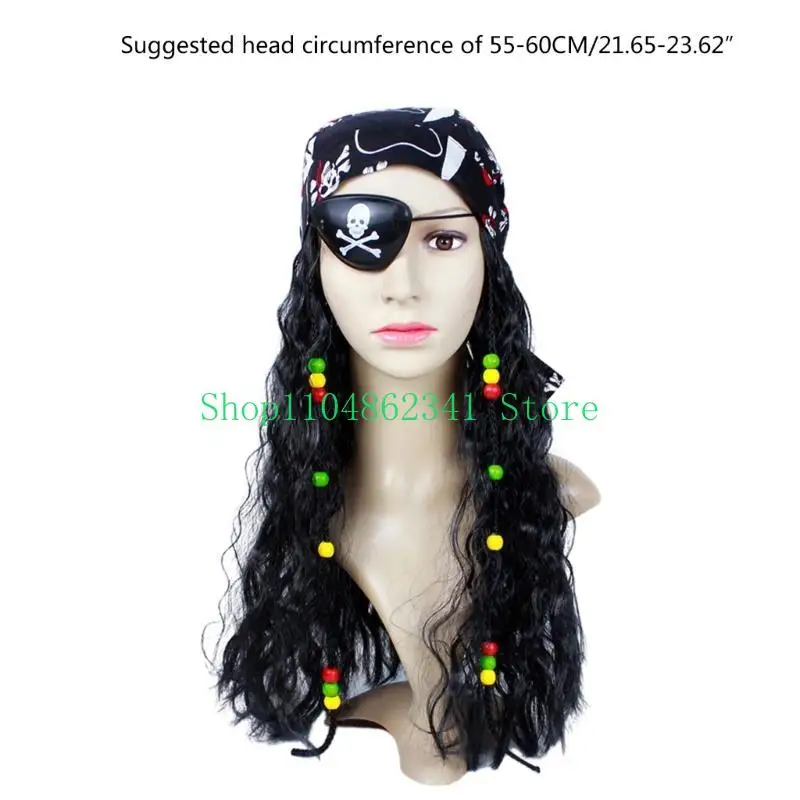 Parrucca da pirata nera riccia per costume cosplay da pirata con set di sciarpe con benda sull'occhio per uomini e donne Accessori per costumi di Halloween