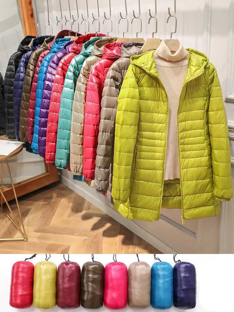 

Female Long Warm Down Coat with Portable Storage Bag Women Light Down Jacket Ladies Overcoats Hip-Length High Street