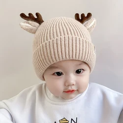 Cartoon Deer Baby Beanie Cap Solid Color Elk Antlers Knitted Hat for Toddler Boy Girl Autumn Winter Warm Kids Pullover Hats