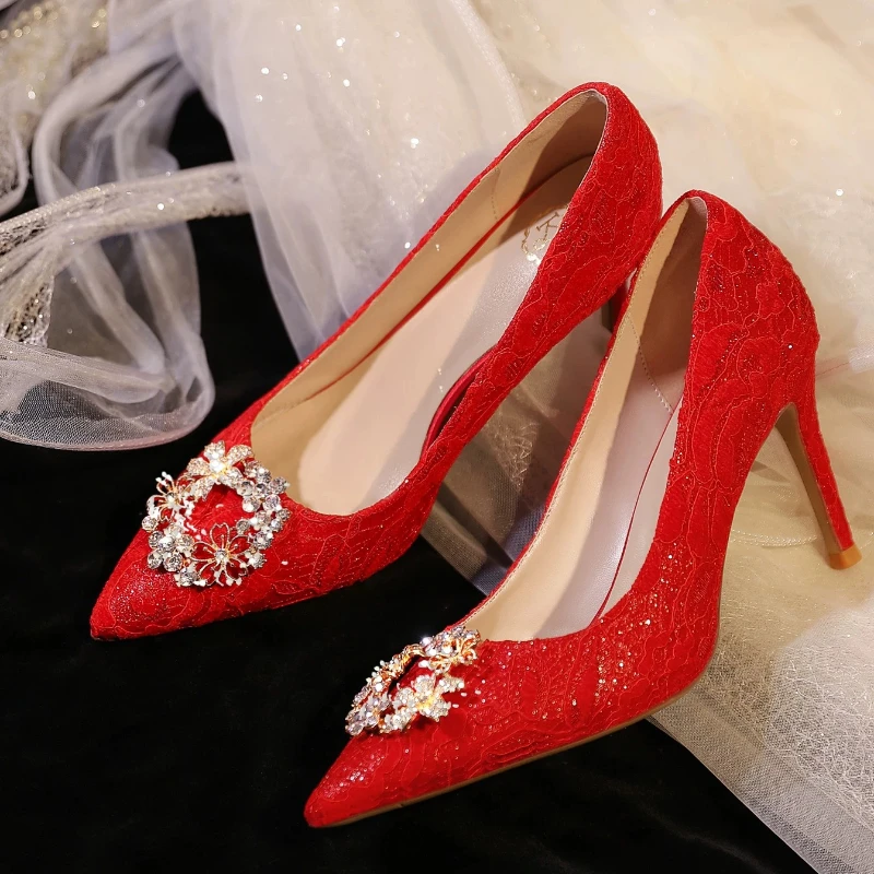 

Yuejinlong 2026 Red Wedding Shoes for Bride Pointed Toe Rhinestone Bridal Heels Sexy Stiletto Elegant Party Ladies Pumps