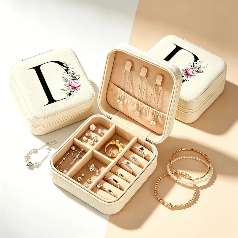 Elegant A-Z Letter Print Zipper Travel Jewelry Case Portable Mini Jewelry Storage Box Valentine's Day Bridesmaid Wedding Gift