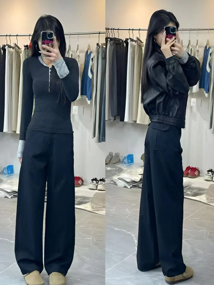 ハイウエストルーズストレートレッグパンツレディースカジュアル裏地付きズボン秋冬ファション韓国風通勤パンツ