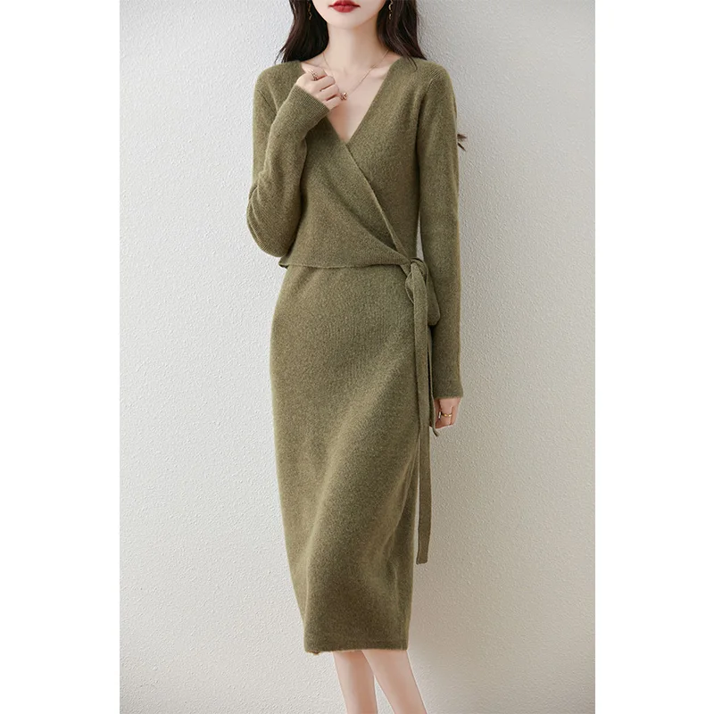 

Women's V-neck Dress Autumn Winter Long Sleeve Lace-up Pullover Skirts 100% Merino Wool Knitwear Sweater Office Lady Knit Dress