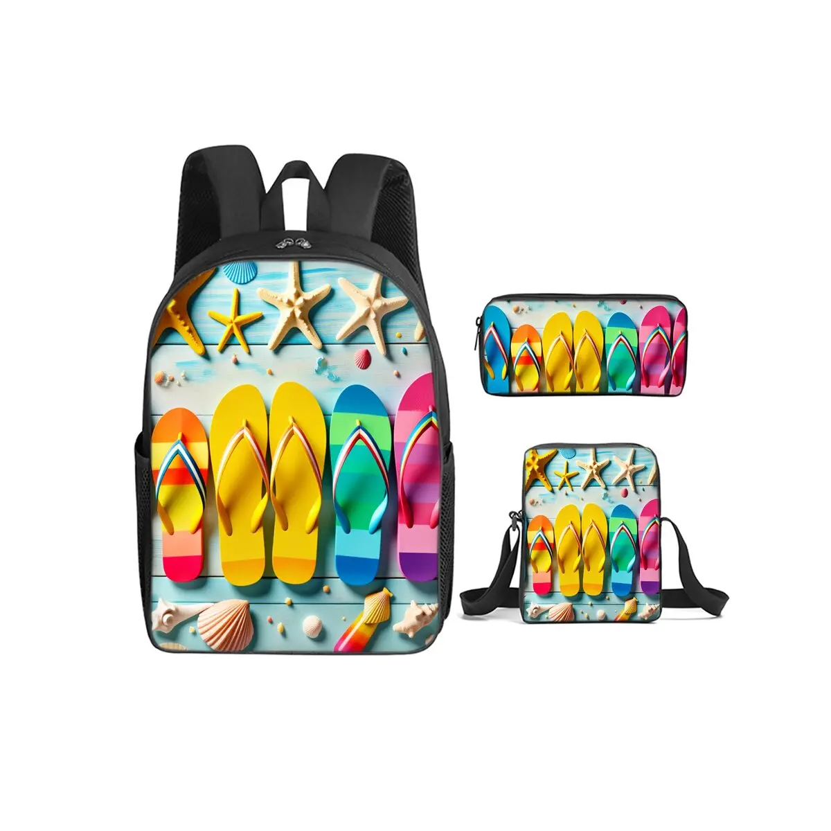 

Sandals and Shells 3Pcs/Set Backpack With Messenger Bags ,Pencil Bags For Boy/Girls Best Gift Cartoon Student School Bags