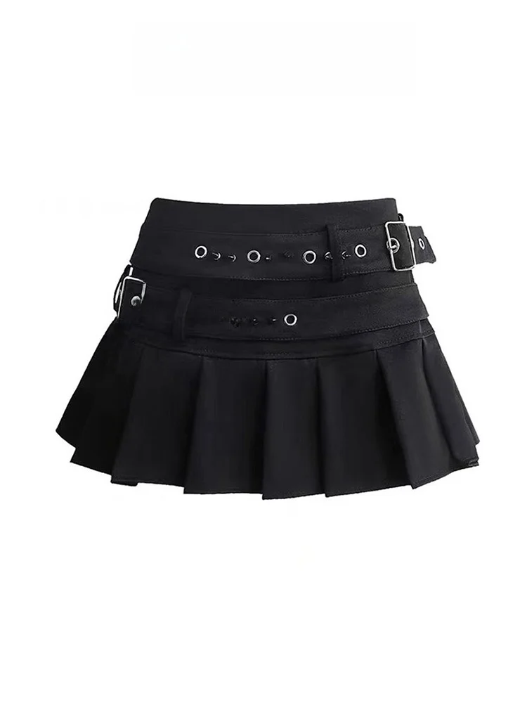 Black Studs Low Waist Heavy Work Ultra-Short Skirt Women's Punk Pleated Skirt Y2K Spicy Girl Style Commute Vintage Short Skirt