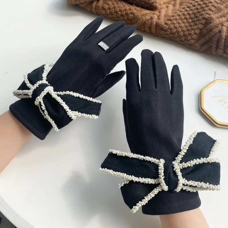 Elegant Black Gloves for Women Winter Autumn Cute Bowknot Mini Beads Plush Lining Touch Screen Gloves Female