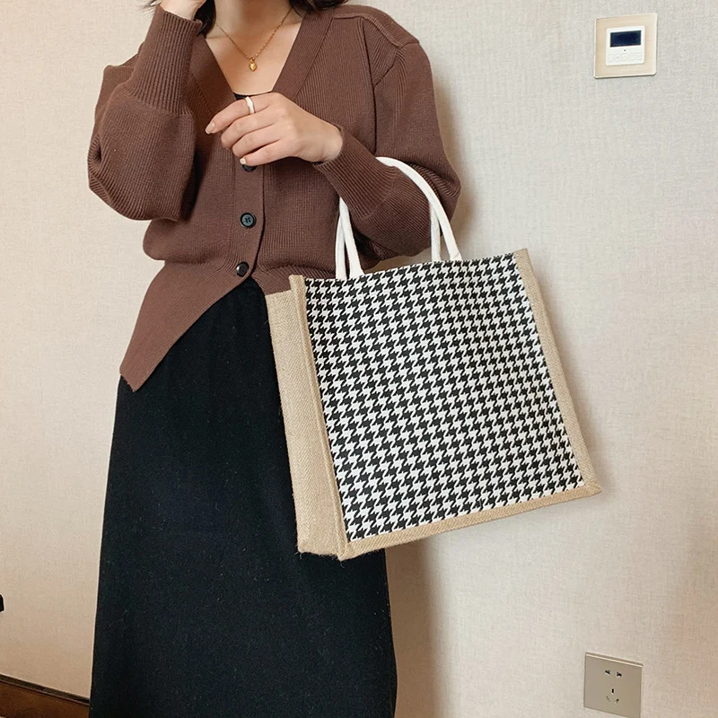 New Bags for Women Casual Tote Simple Canvas Handbags Houndstooth Shoulder Bags Female Fashion Shopping Bag Large Capacity Totes