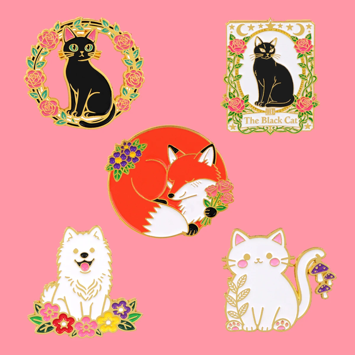 Blume Tiere Katzen Emaille Kiefern Cartoon Hund Fuchs Brosche Metall Pins Abzeichen auf Rucksack Kleidung Zubehör Mode Schmuck Geschenke