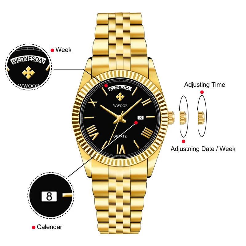 WWOOR New Gold Watches Mens Luxury Stainless Steel With Calendar Warterproof Male Clock Week Quartz Wristwatch Relogio Masculino