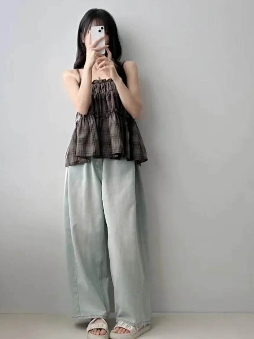 Korean Style Sweet Young Looking Sleeveless Vest Women's Checkered Strapless Chiffon Top Spicy Design Sense Upper Body