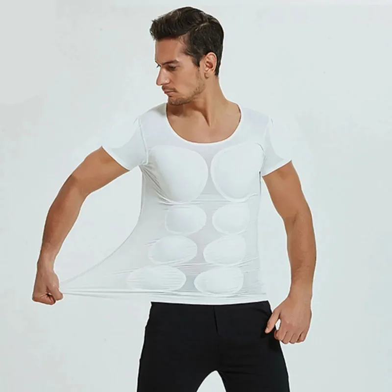 

New Men's Fake Muscle T-shirt Fake Chest Clothes Cosplay Invisible Simulation Slimming Underwear Short Sleeve Bottoming Shirt