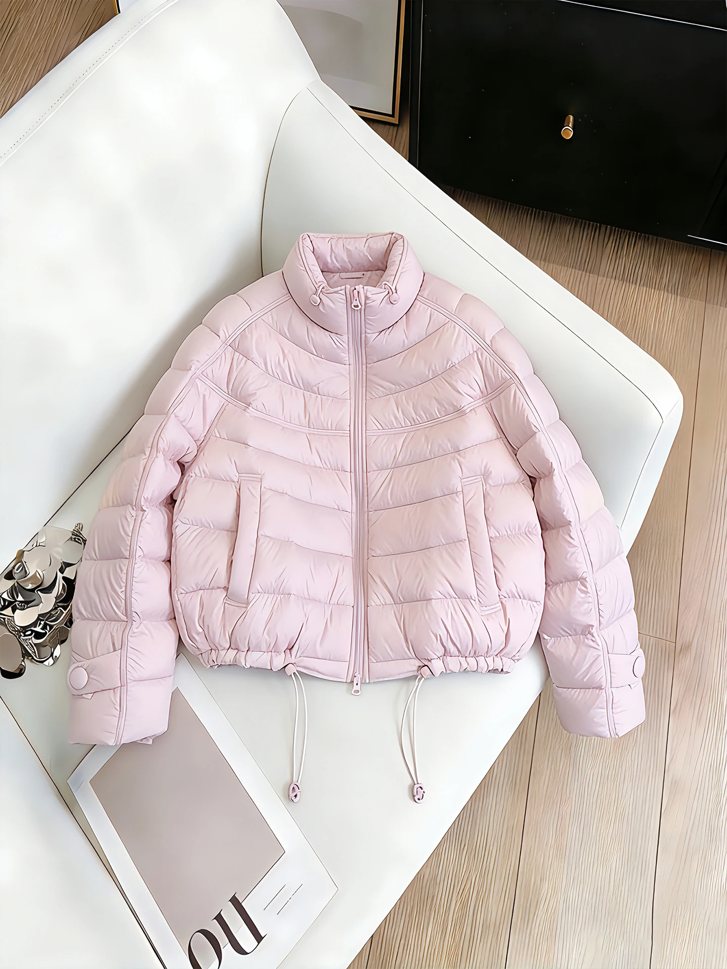 

Korean Sweet Sle Pink Stand Collar Ruffle Light Cotton Jaet Women's Autumn Winter Faion Casual Versatile Slimming Cotto...