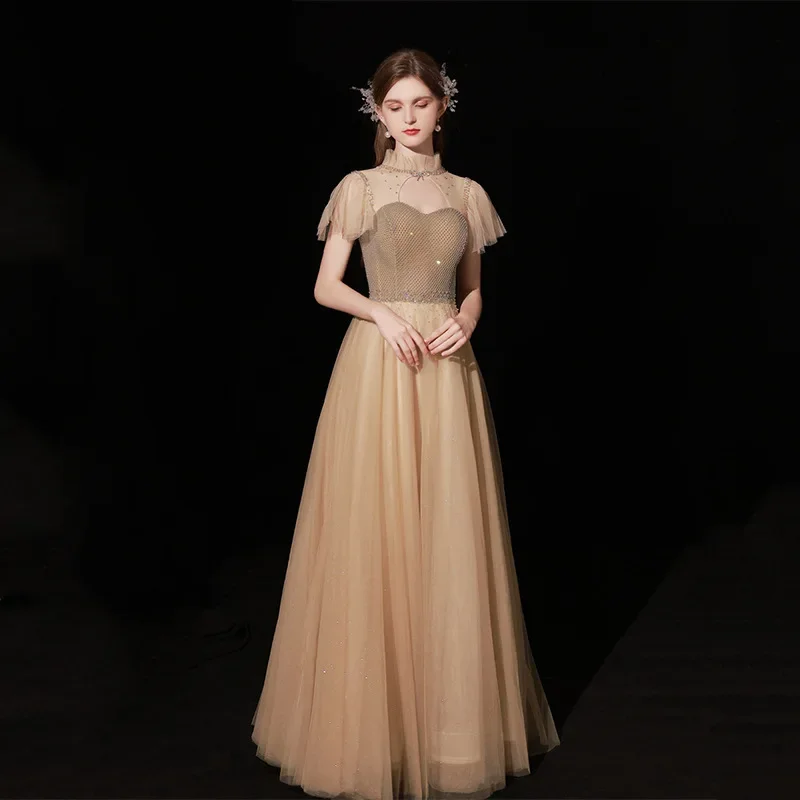 Elegant Champagne Long A Line Tulle Evening Dress 2022 New Women Short Sleeves Beaded Party Gown Vestido