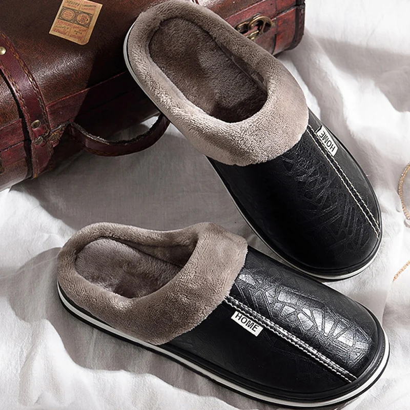 Men\'s Home Winter Indoor Slippers Warm Shoes Thick Bottom Plush Waterproof Leather House Man Slippers Cotton Flat Couple Shoes