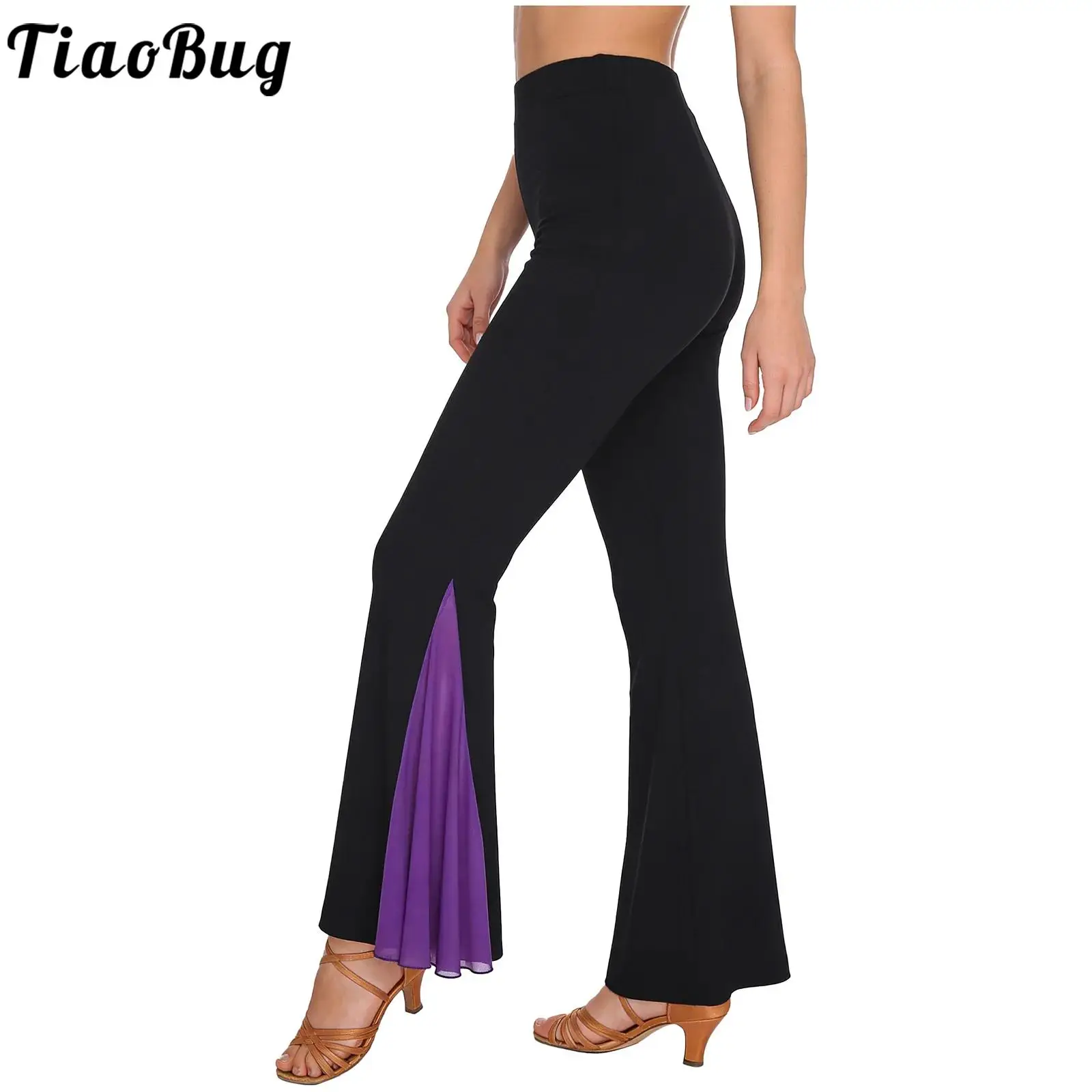 

Women Latin Lyrical Dance Flared Pants for Cha-cha Tango Ballroom Elastic Waistband Sheer Mesh Bell Bottom Trousers Dancewear