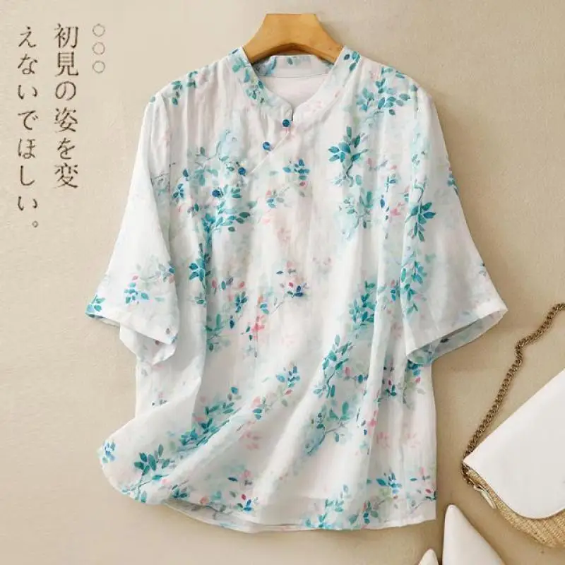 

Women's Summer New Chinese Style Elegant Chic Loose Casual Stand Collar Pan Button Printed Spliced Half Sleeve Shirt Blouse