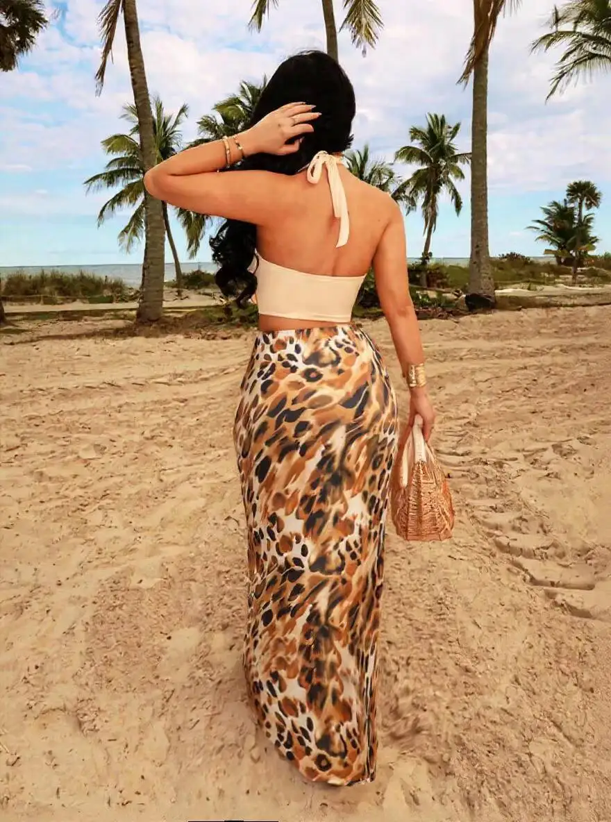 Women High Waist Leopard Print Bodycon Maxi Skirt Trendy New Spring Summer Vacation Beach Date Flattering Lightweight Skirt