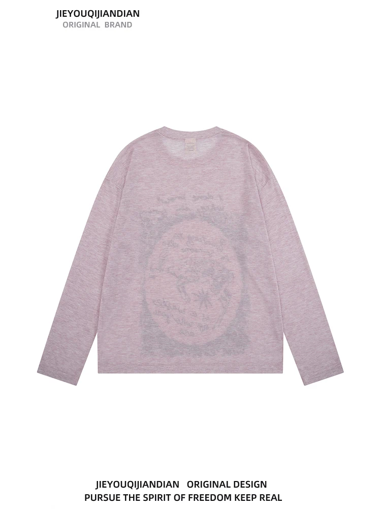 Dark Style American Hot Girl Deer Letter Print Long Sleeve Oversized Semi-Transparent Women's T-shirt Y2K Subculture Top