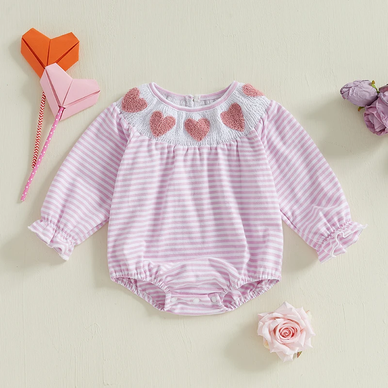 Newborn Baby Girls Valentine's Day Outfit Infant Smocked Bubble Romper Heart Embroidery Oversize Bodysuit Clothes