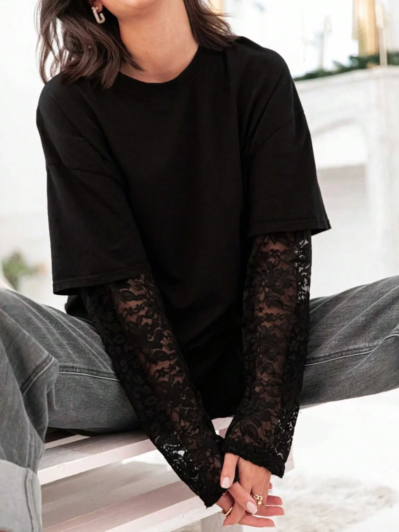 Spring, Summer and Autumn Fashion Solid Color Loose Lace Patch Long Sleeve T-Shirt Women's Top