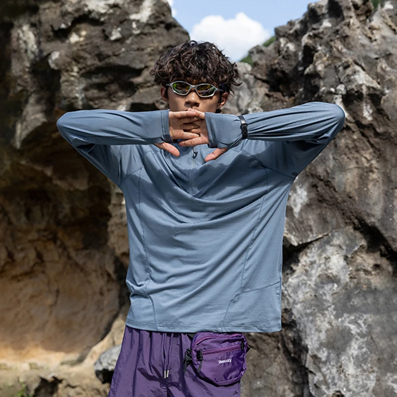 Men's Outdoor Functional Stand-Collar Long-Sleeve T-Shirt – UPF50+ Sun Protection Quick-Dry & 4-Way Stretch with Thumbhole Cuffs