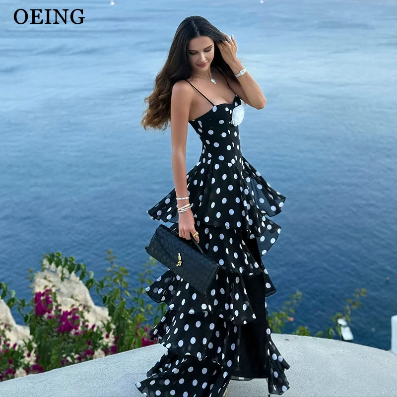 OEING Classic A-Line Prom Dresses 3D Flowers Tiered Sleeveless Polka Dot Birthday Party Dresses robes de soirée Customized