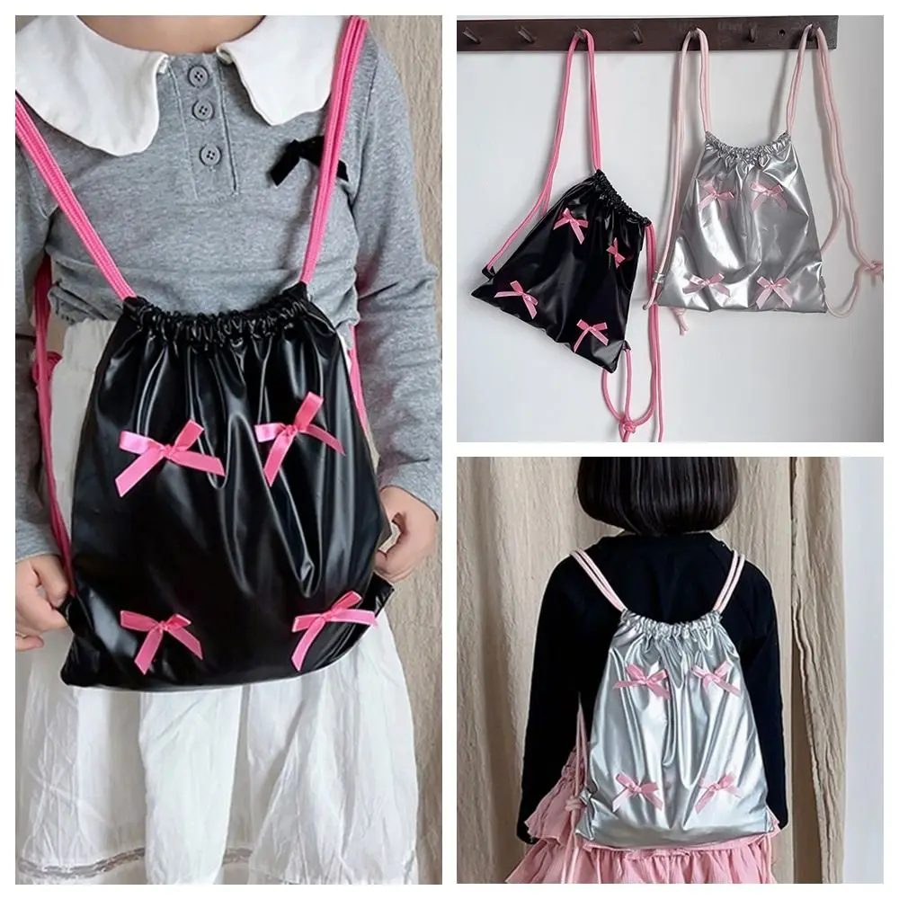 Sweet Korean Style Bow Drawstring Backpack Fold Y2k Nylon Ruched Knapsack Balletcore Solid Color Children Shoulder Bag Girls