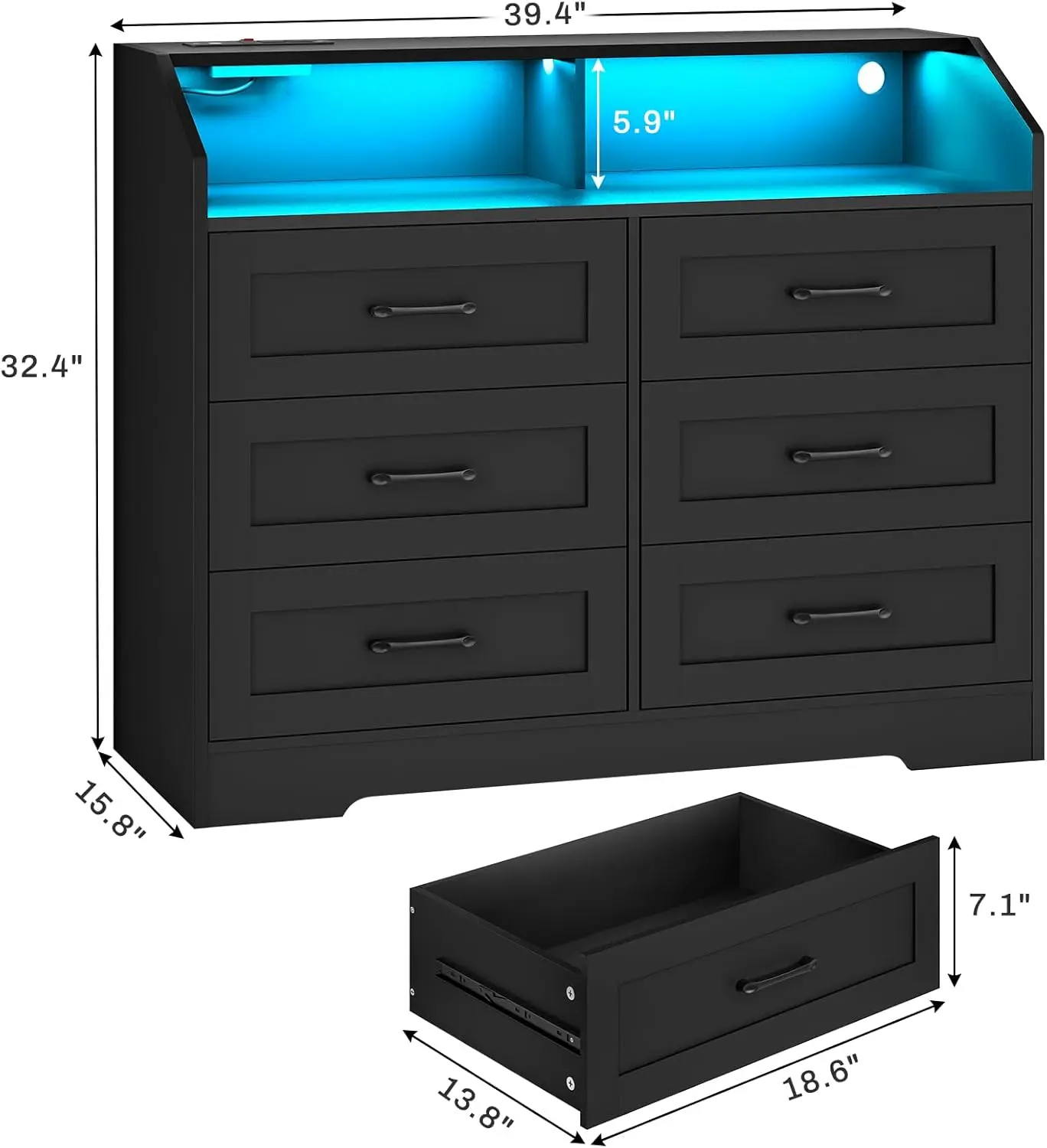 LED Dresser for Bedroom, 6 Drawer Dresser with Charging Station, Chest of Drawers with Storage Cubby, Storage Organizer Unit