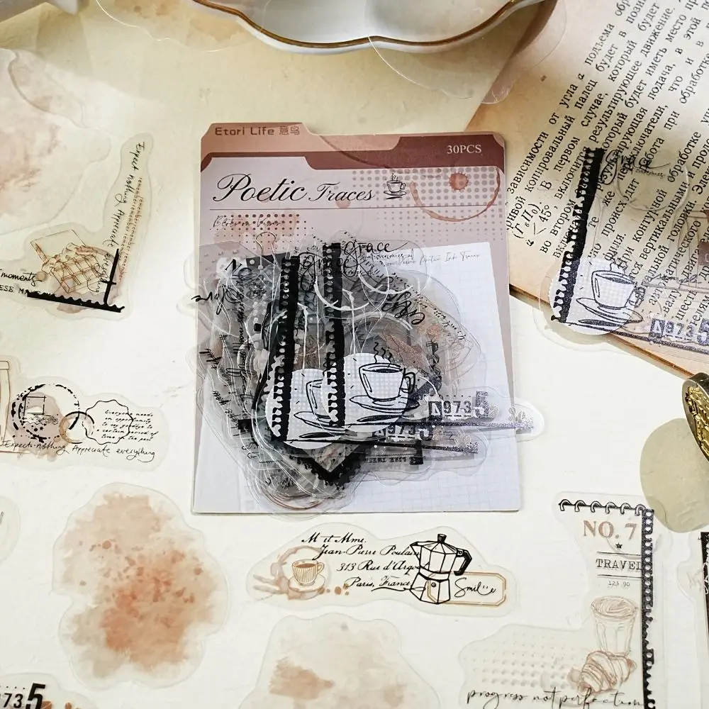 Lot de 30 autocollants en PET pour collage aquarelle, style vieux journal, série DIY Poem Ink Mark, autocollants horloge et journal