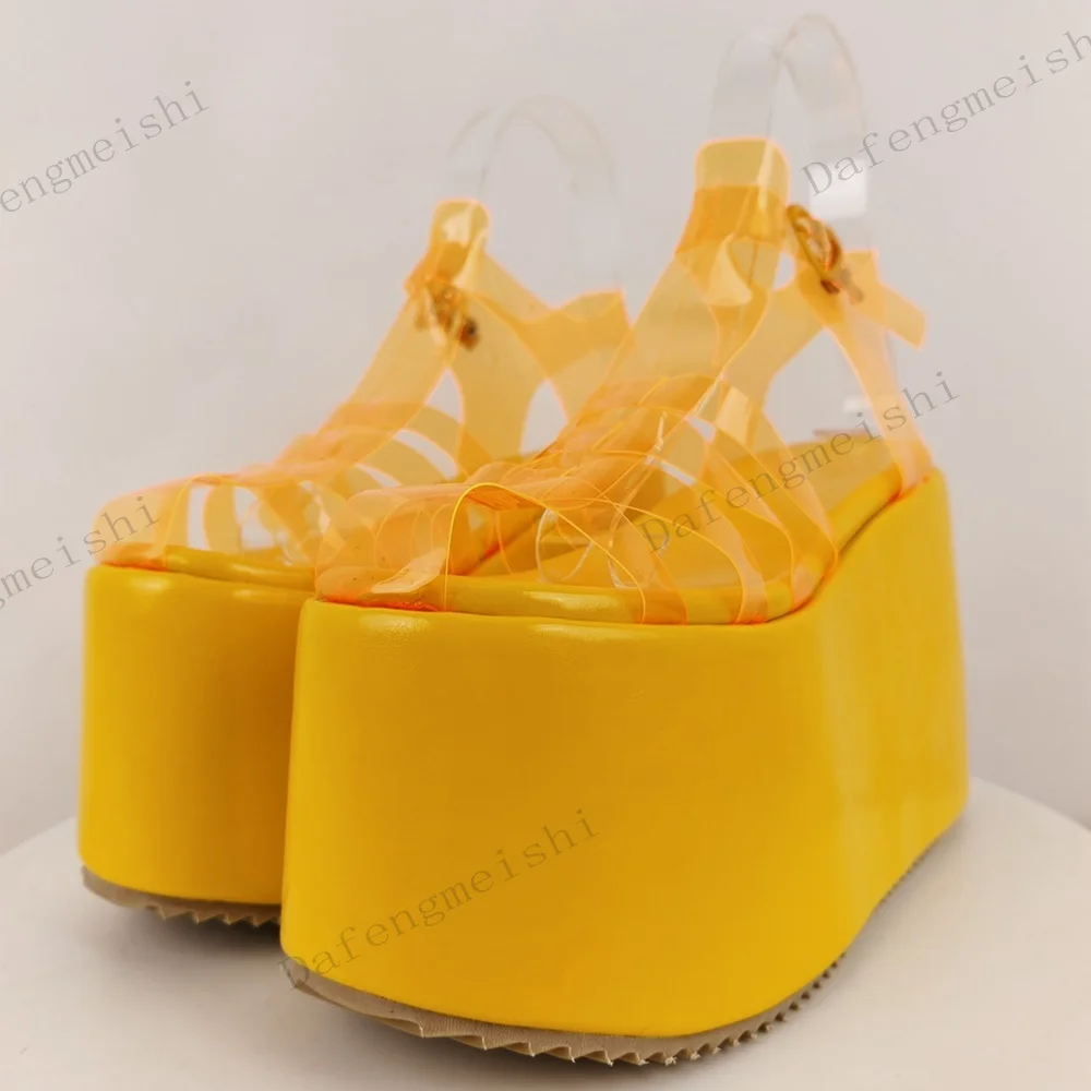Women Yellow Transparent Pvc Platform Wedge Sandals Round Toe Ankle Strap Buckle Gothic High Increase Summer Fashion Shoes