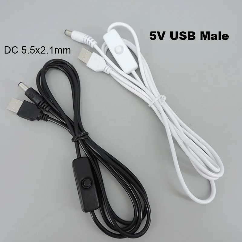 DC 5V USB Mannelijke verlengsnoer naar DC mannelijke 5.5x2.1mm Kabel met aan/uit knop Schakelaar draad Voeding Opladen 1.5m W28