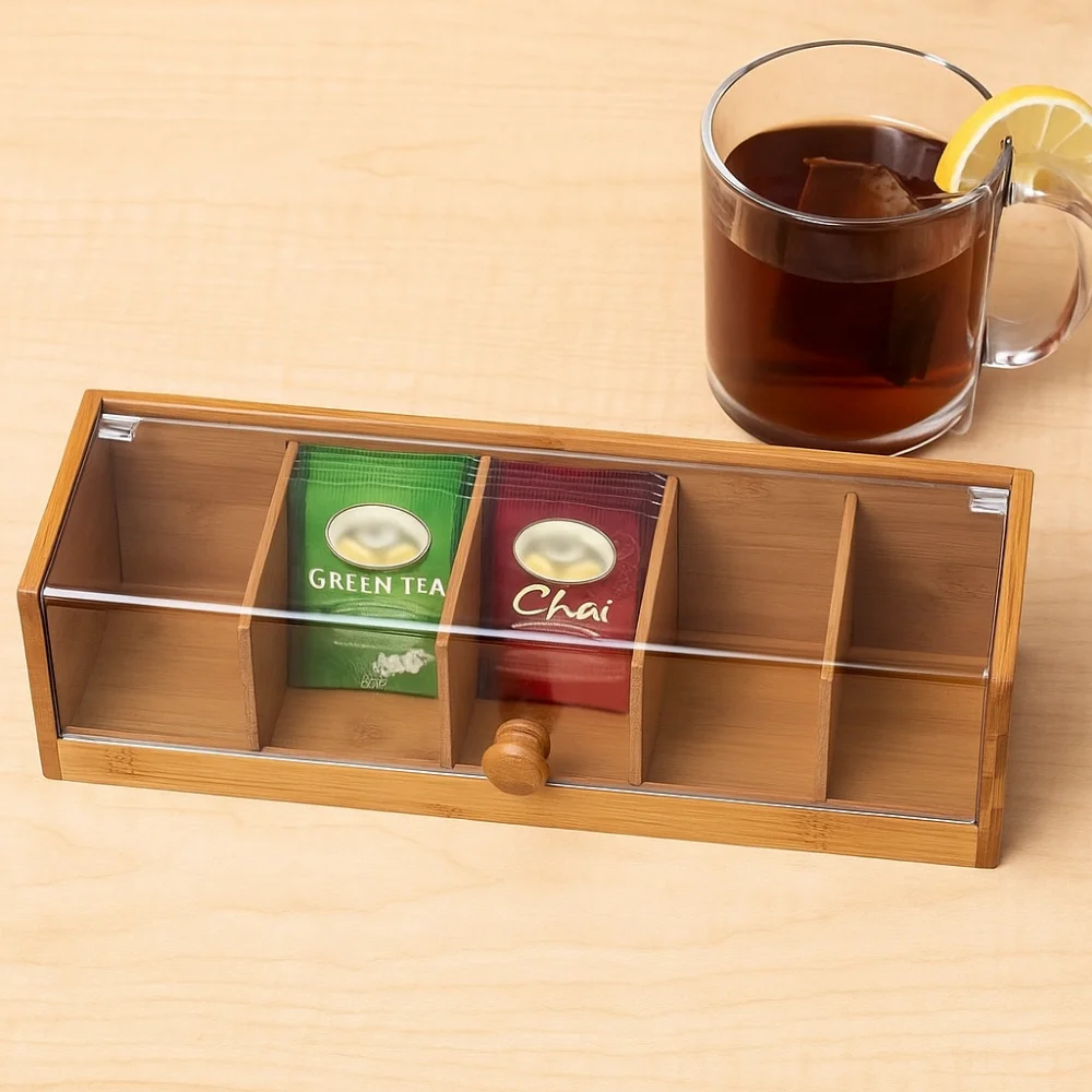 

5 Slots Tea Bag Storage Organizer Bamboo Space Saving Coffee Capsule Storage Box Transparent Durable Desktop Sundries Organizer