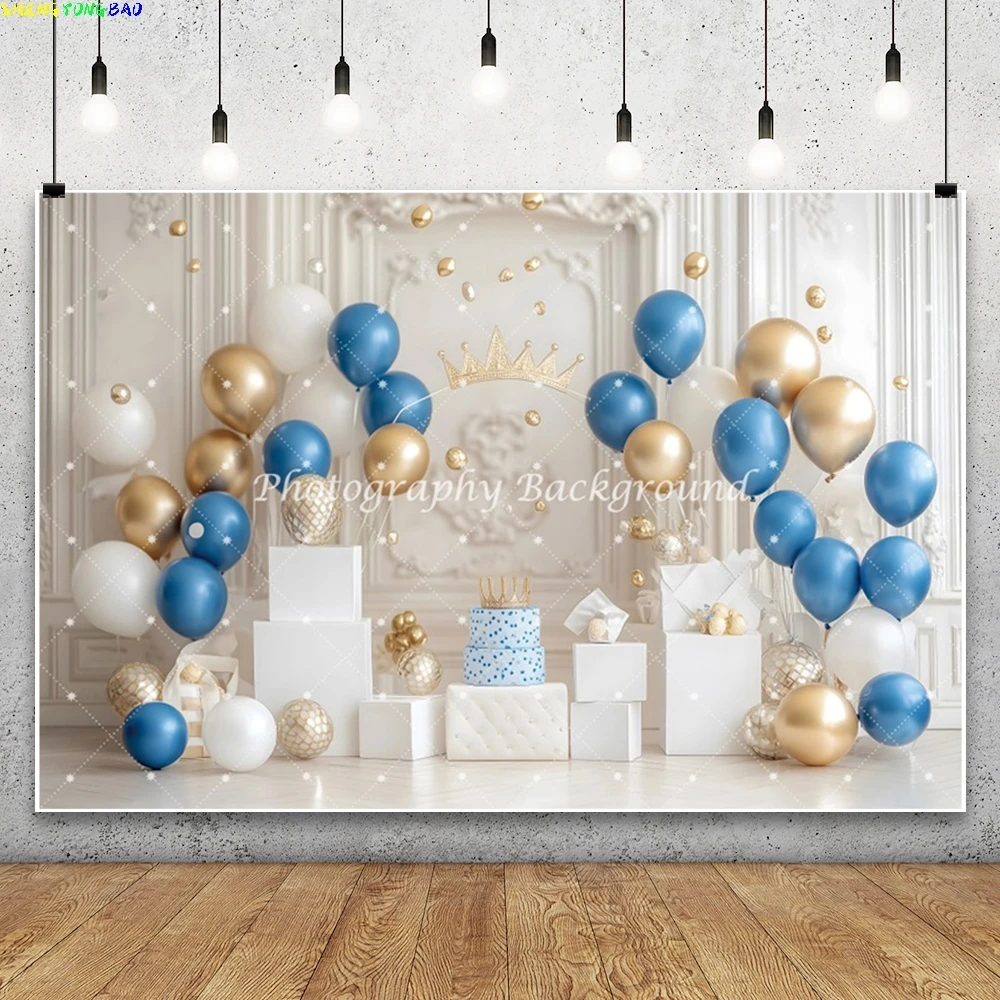 Boy Girl Happy Birthday Balloon Cake Gift Photography Backdrop Crown Curtains Chair Childlike Decors Party Background Photo