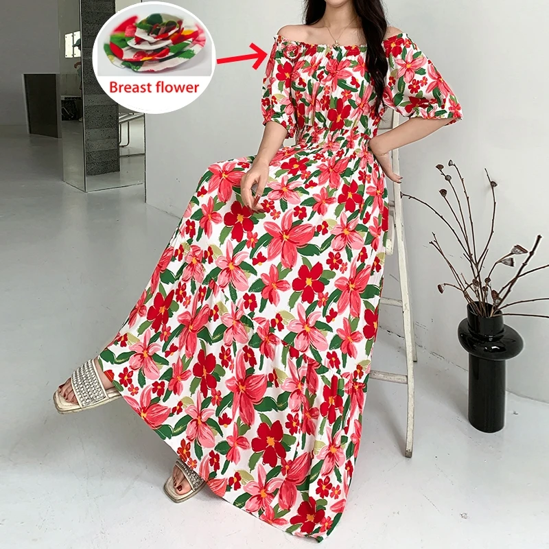 

Pink Dimensional Flowers Elegant Print Long Dress Slash Neck Puff Sleeve Elastic Waist A-Line Women Clothing Sweet Casual Luxury