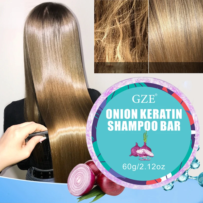GZE 양파 헤어 샴푸 바 비누, 양파 오일 및 식물 케라틴 샴푸 바, 모발 강화, 부드럽고 윤기 나는, 60g