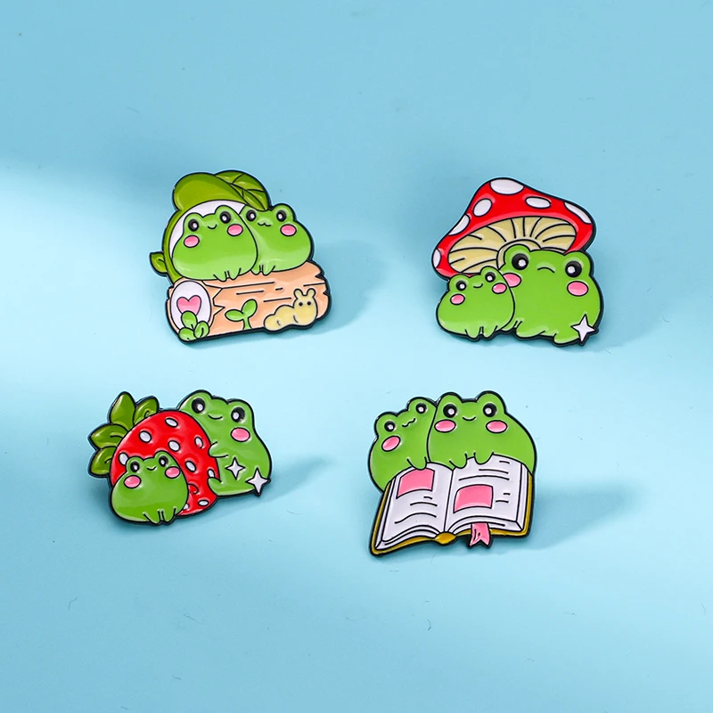 Romantic Frog Couple Theme Pins Cute Strawberry Mushroom Book Pattern Lovers Enamel Brooches For Sweethearts Gift