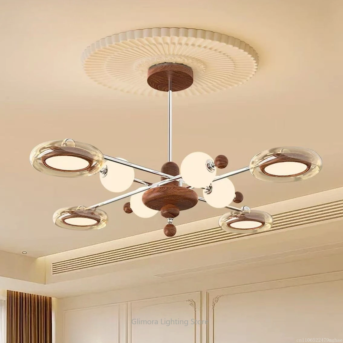 

French Retro Magic Bean&Mid-Century UFO Pendant,Wabi-Sabi Walnut Ceiling Light for Living Room,Bedroom & Hall with Vintage Style