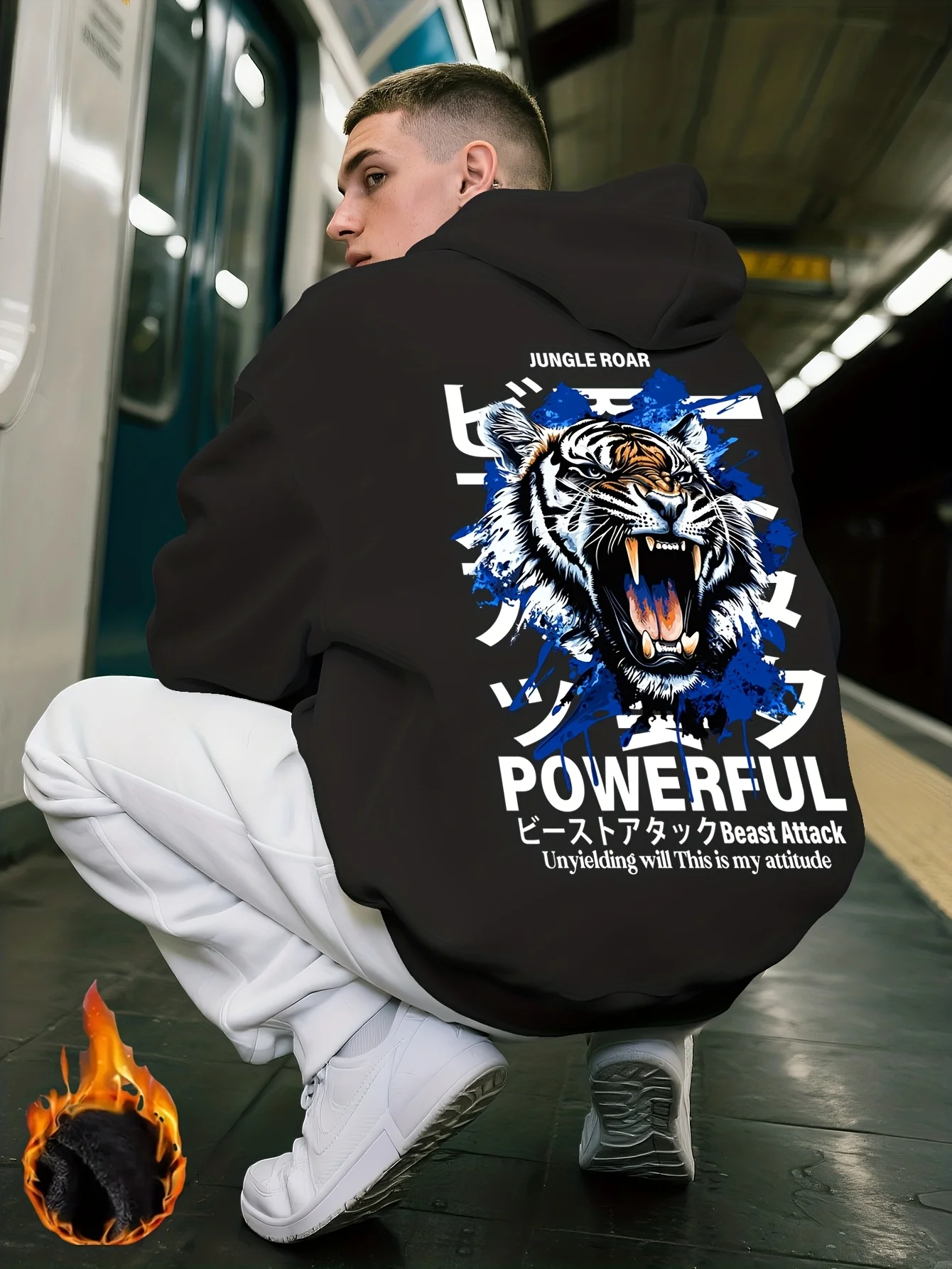 Men's casual sports street graffiti style tiger print hoodedsweatshirt forautumnandwinterproviding outdoor warmth and protection