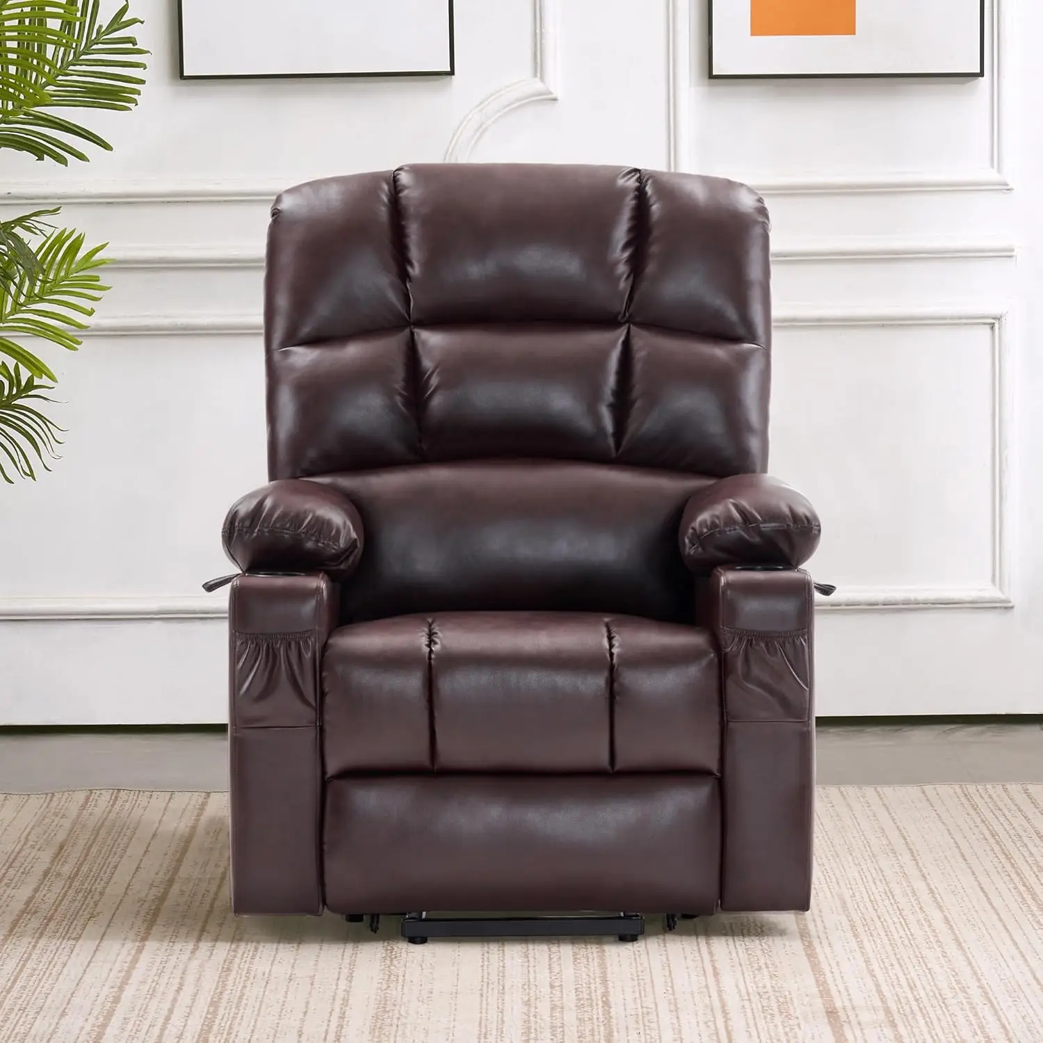 Medium Lay Flat Dual Motor Power Lift Recliner Chair Sofa with Heat for Elderly People Infinite Position Faux Leather Dark Brown