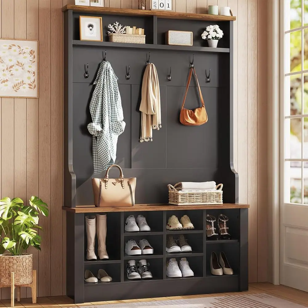 

3-in-1 Entryway Bench: Coat Rack, Shoe Storage, and Adjustable Hooks in White & Brown