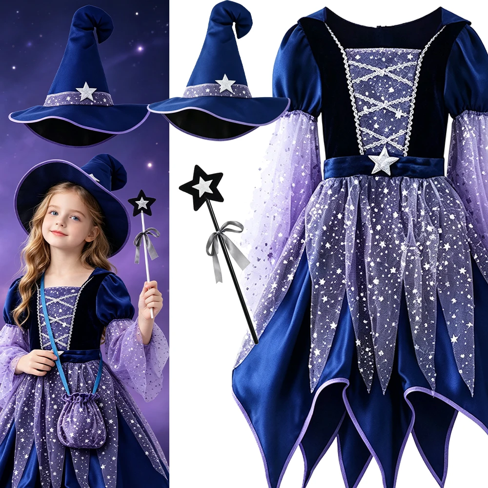 Girls Witch Costume Set Kids Halloween Cosplay Dress with Witch Hat Candy Bag Magic Wand Children Carnival Christmas Party