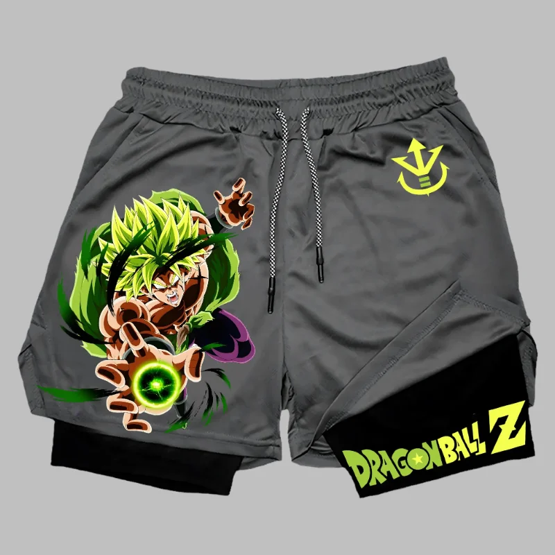 شورت رياضي مزدوج 2 في 1 من Dragon Ball Z Anime للرجال، شورت رياضي فضفاض يسمح بالتهوية